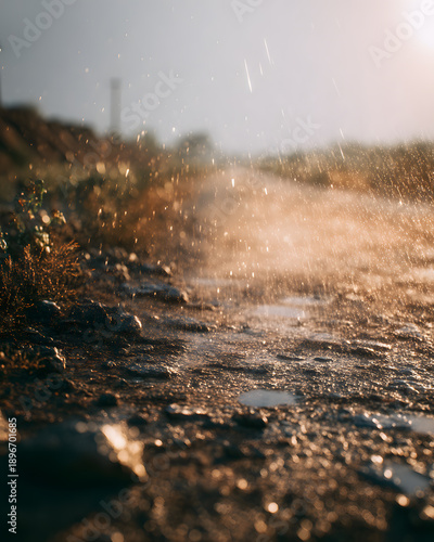 Rain falls on a dirt path creating puddles and mist in a natural setting during late afternoon