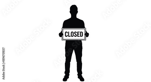 Silhouette of a person holding a sign that reads "CLOSED" against a white background.