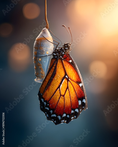 Butterfly emerging from chrysalis in soft light during early morning hours in a natural setting
