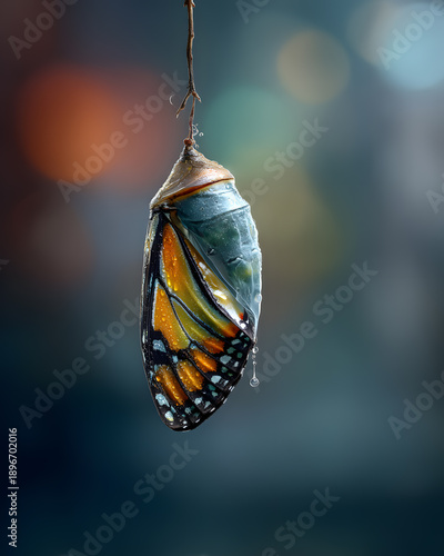 Chrysalis hanging from branch during early morning with droplets of water in natural setting