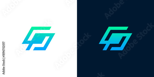 Modern abstract geometric logo design featuring a dynamic blue to green gradient, characterized by sleek, interconnected shapes on both light and dark backgrounds