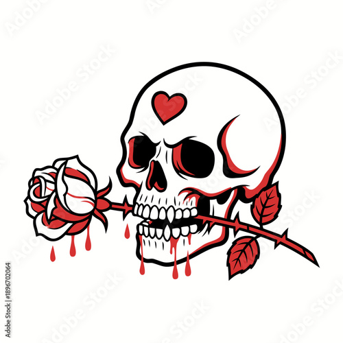Stylized graphic of a skull with a heart and a bloody rose in its mouth, blending dark romance with symbolic themes of love and mortality