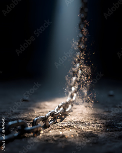 Chain breaking in dark space with light shining down at a specific moment