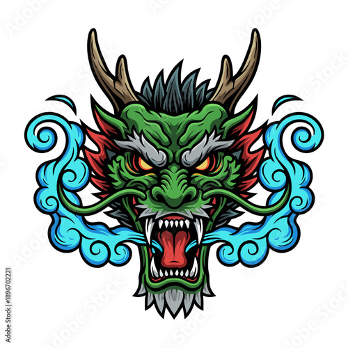 Mighty green dragon head illustration with fierce roar and mystical smoke, symbolizing strength and ancient power