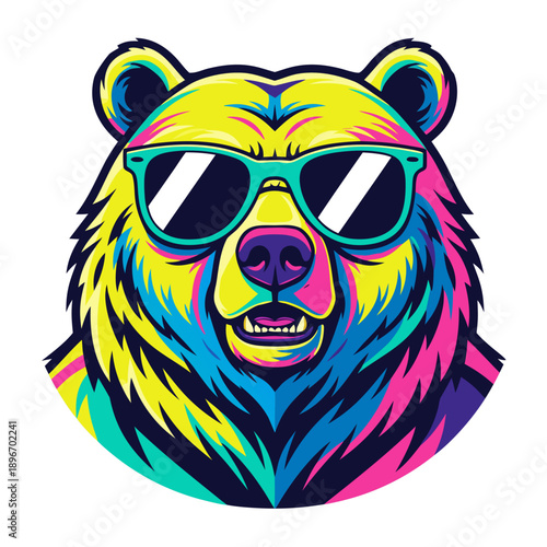 Cool Bear Wearing Sunglasses, Vibrant Colors, Fun Cartoon Animal Illustration