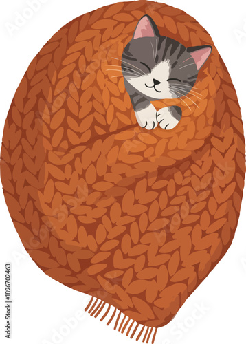 Cozy Cat Sleeping in Warm Orange Knitted Blanket Peaceful Illustration