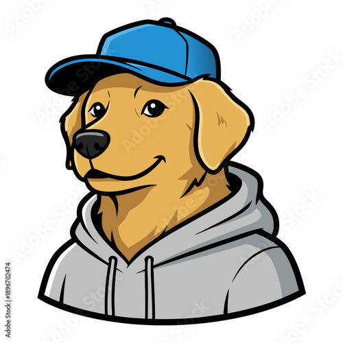 Friendly cartoon golden retriever character in casual hoodie and baseball cap design, radiating cool and approachable charm