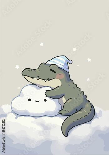 Cute Alligator Hugging Sleepy Cloud Pastel Sky Pixel Art Vector