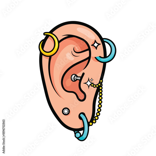 A cartoon-style illustration of a pierced human ear