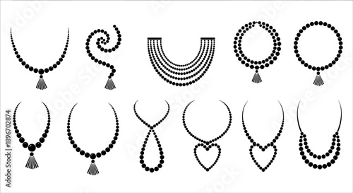 Beaded Necklace Silhouette Outline Vector Set with Tassels and Heart Shapes for Jewelry and Fashion Design