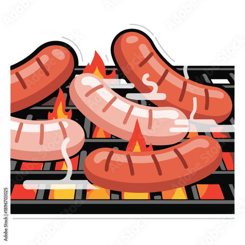 A cartoon-style illustration of sausages grilling on a barbecue