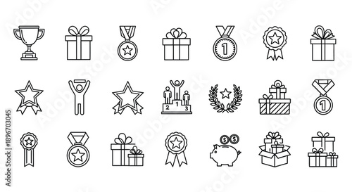 A collection of black outline icons representing achievement awards prizes and celebratory gifts