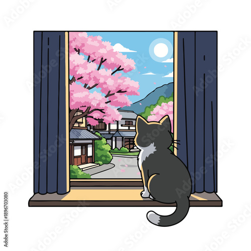 A cat sits on a windowsill looking out at a cherry blossom tree