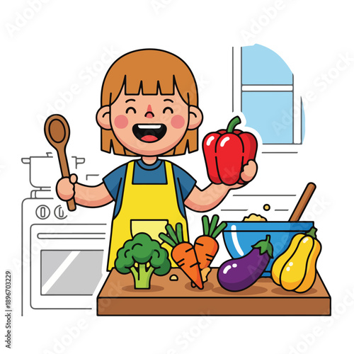 A cheerful child in a kitchen with vegetables