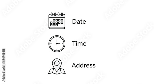 Simple line art icons representing key details like date time and physical location for planning purposes