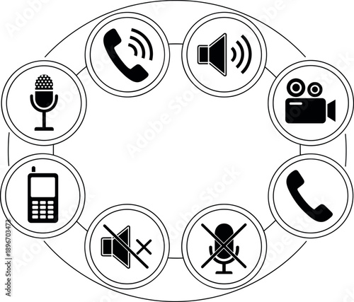 Communication and Media Control Icons Circle Diagram with Phone Microphone Speaker Video and Mute Symbols Vector