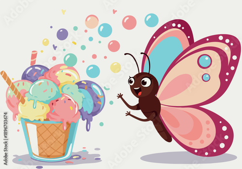 Cute Butterfly Enjoying Colorful Ice Cream Sundae With Bubbles