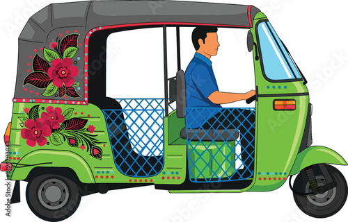 Green Decorative Indian Auto Rickshaw Tuk Tuk Vector Illustration Featuring Floral Hand Painted Art And Driver Profile Isolated On White