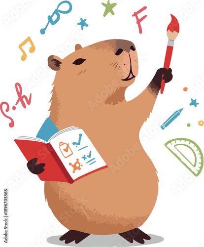 Cute Capybara Student Holding Book and Brush with Colorful School Supplies