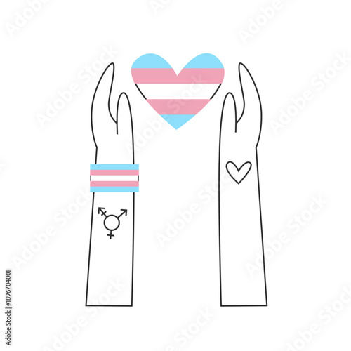 Hands with trans symbol and flag colors with heart shape. Transgender and genderqueer rights, nonbinary visibility and awareness concept. Inclusion and diversity illustration.