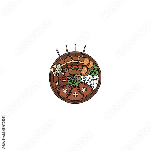 Assorted Skewers and Meats on Plate.