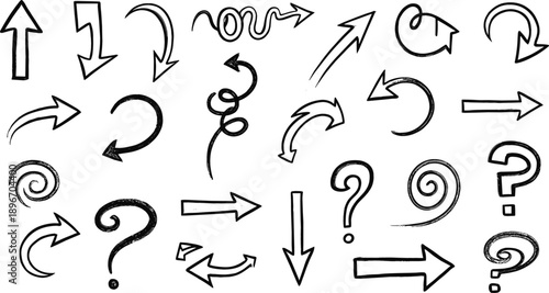 Hand drawn sketchy question marks and arrow set for creative brainstorming ideas problem solving and directional guidance