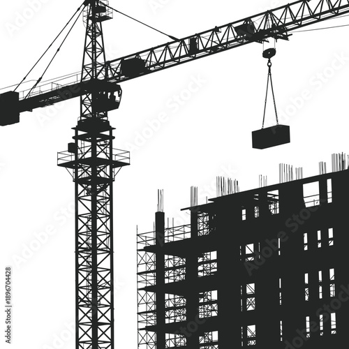 Tower crane lifting materials at building construction site with scaffolding high rise development industrial engineering black silhouette illustration