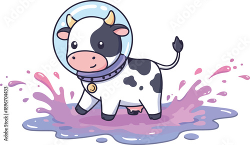 Cute Cow Astronaut in Space Splash Flat Vector Art