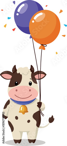 Cute Cow Holding Orange And Purple Balloons With Confetti Isolated