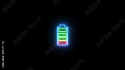 Neon battery fast charging animation. Shiny flash animated battery icon on black background.
