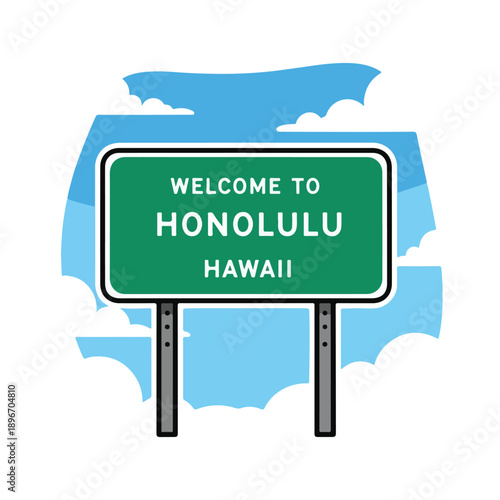 A green road sign welcoming visitors to Honolulu, Hawaii