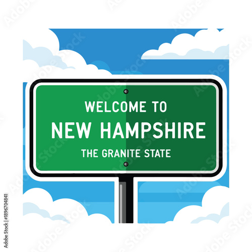 A green road sign welcoming visitors to New Hampshire