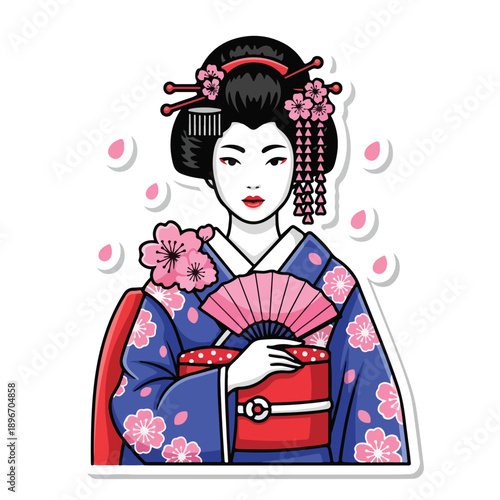 A geisha in a blue kimono holding a fan