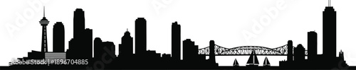 Horizontal black silhouette vector of a modern city skyline with skyscrapers bridges and sailboats on a white background.