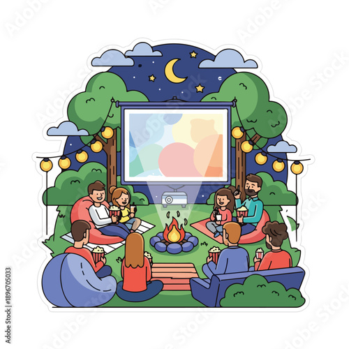 A group of people watch a movie outdoors at night
