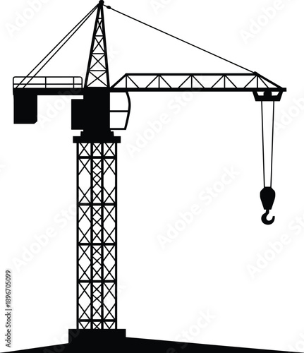 Tower crane silhouette isolated on white background showing industrial lifting equipment for construction engineering and urban building development