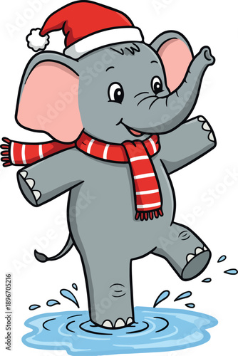 Cute Elephant Wearing Santa Hat and Scarf Dancing in Water