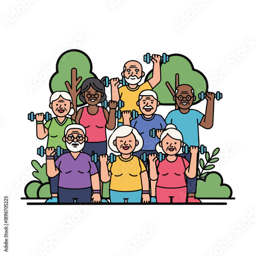 A group of smiling seniors exercising with dumbbells outdoors