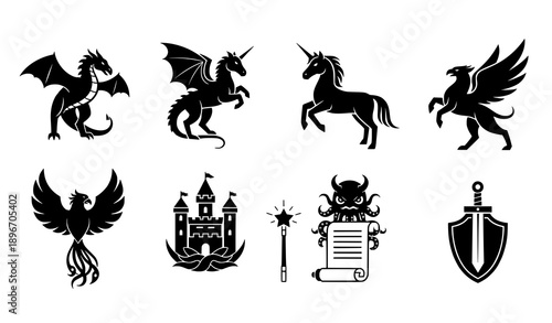 Minimal mythical creature silhouette icons dragon unicorn vector