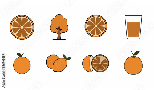 Orange fruit and juice minimalist vector icons for web UI