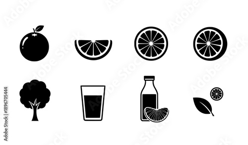 Minimalist orange fruit and juice black white icon set