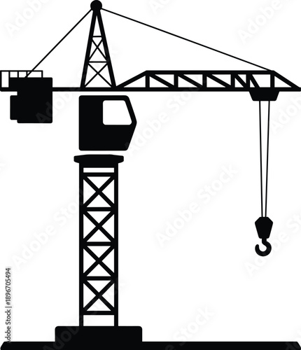 Tower crane silhouette isolated on white background showing industrial lifting equipment for construction engineering urban building development vector illustration