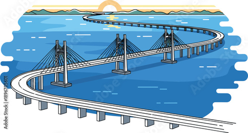 Modern Cable Stayed Bridge Over Water Featuring High Pylons And Steel Cables At Vibrant Orange Sunset Coastal Landscape Vector