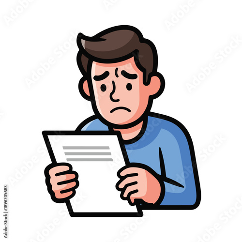 A man in blue shirt looks concerned at a document