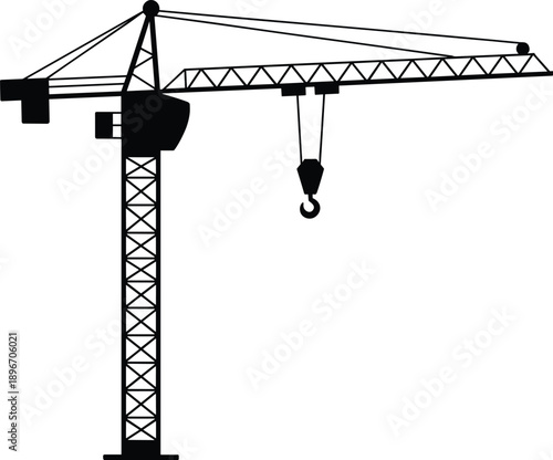 Tower crane silhouette isolated on white background showing industrial lifting equipment for construction engineering urban development vector illustration