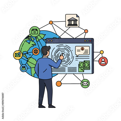 A man interacts with a large computer screen displaying various icons