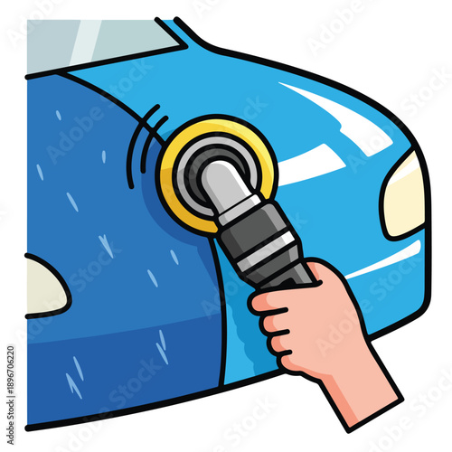 A hand polishing a blue car's surface with a buffer