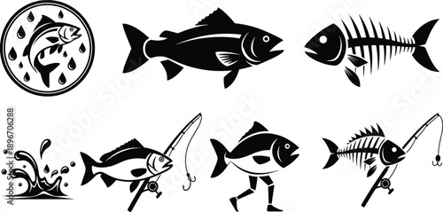Set of fishing silhouettes, salmon, trout, fish bone, walking fish, and angling gear icons, vector illustration isolated on white background