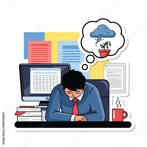 A man sits at a desk, overwhelmed