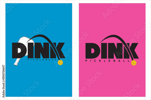Vector illustration of Dink typography lettering word with a pickleball paddle and balls.